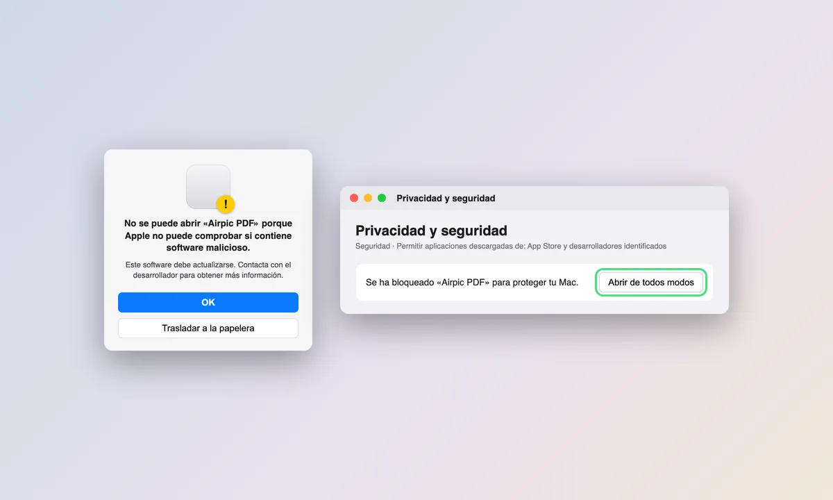 Así se ve el aviso de macOS. En Ajustes del Sistema → Privacidad y seguridad pulsa «Abrir de todos modos» (una sola vez).