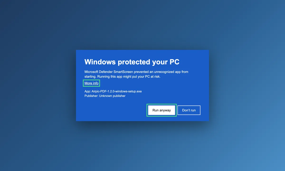 This is Windows SmartScreen: click “More info”, then “Run anyway”.