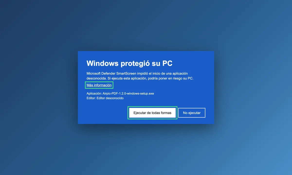 Así se ve SmartScreen en Windows: pulsa «Más información» y luego «Ejecutar de todas formas».
